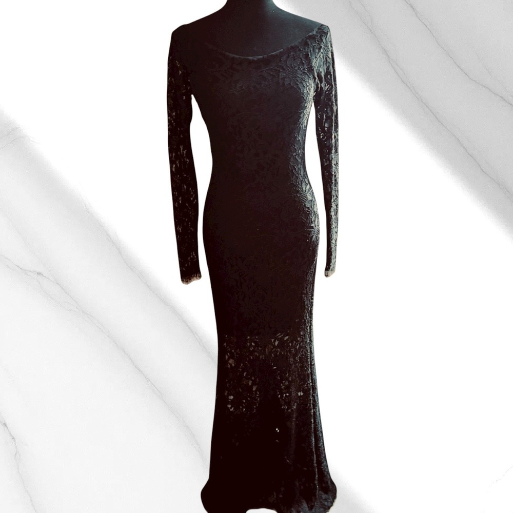 Black Floral-Lace Overlay Formal Bodycon Mermaid Gown Womens Size M Vintage Y2K